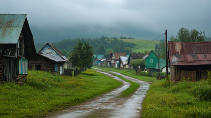 Rainy weather in countryside. Cartoon vector illustration of cottage houses in small village or suburb town with green landscape, water puddle, stones, broken tree and blooming bush under dull sky