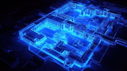 Futuristic city blueprint, glowing lines, dark background, architectural design, tech concept