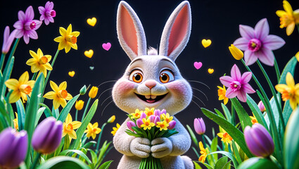 Fototapeta premium adorable happy bunny holding a bouquet of pastel spring flowers, a delightful choice for easter designs, birthday cards, and cute children's illustrations
