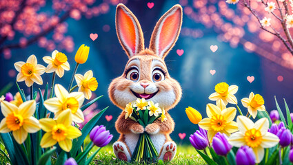 Fototapeta premium adorable happy bunny holding a bouquet of pastel spring flowers, a delightful choice for easter designs, birthday cards, and cute children's illustrations