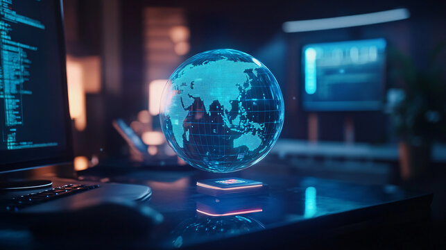 Digital hologram globe floating above futuristic console glowing neon cyberpunk technology advanced user interface sci-fi virtual reality global network artificial intelligence data toy decor map ball - Powered by Adobe
