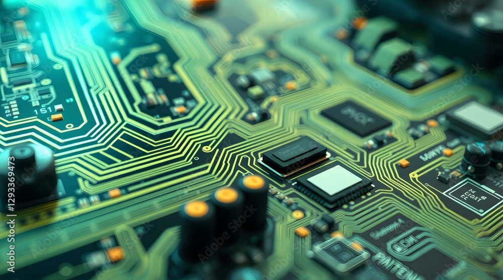 Poster a detailed close-up of a circuit board showcasing intricate microchips and connections, highlighting