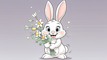 Fototapeta premium adorable illustrated bunny with a happy expression holding a bouquet of colorful spring flowers, ideal for easter, birthday cards, and cheerful children's designs