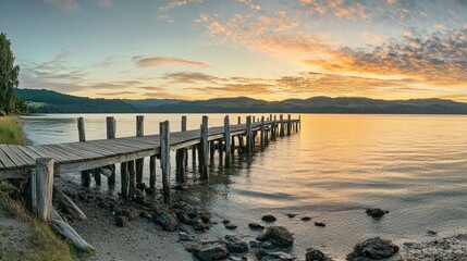 Fototapeta premium Serene sunrise over calm lake with wooden pier extending into the water.
