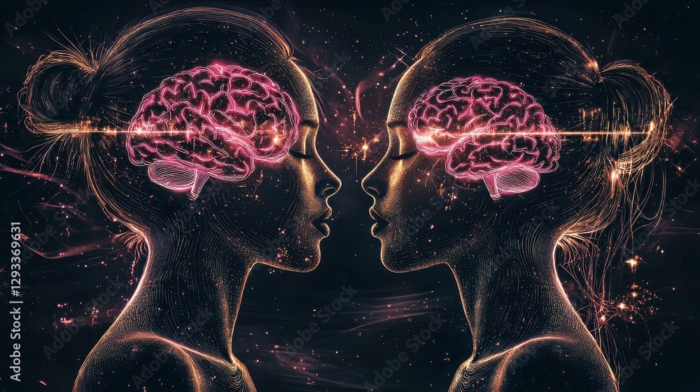 Poster captivating digital art showcasing the intriguing interplay of minds with glowing synapses and cereb