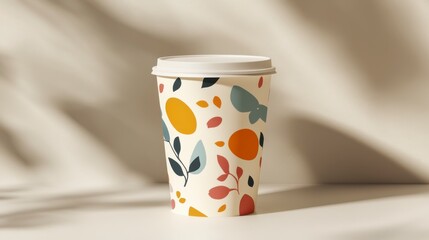 White paper cup with a nature-inspired design