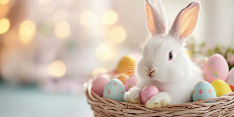 close up of adorable white bunny sitting in wicker basket filled with colorful Easter eggs, creating cheerful and festive atmosphere