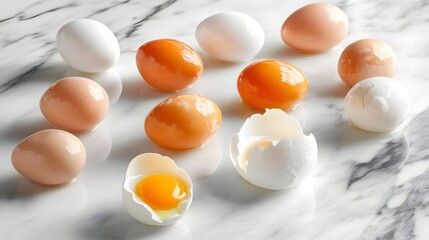 Hard boiled eggs in various shades of brown and white