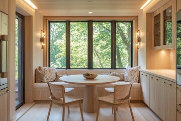 Fototapeta premium Modern Kitchen Nook Design: Wooden Table and Chairs near Window with Tree View