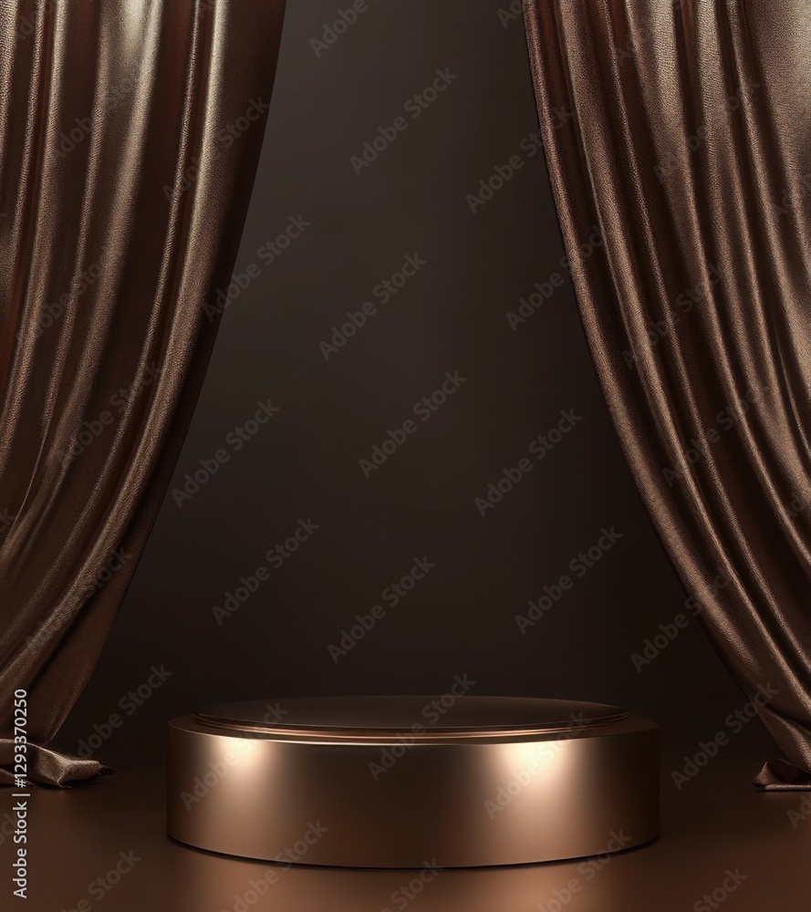 Poster elegant bronze backdrop with draped curtains and a circular platform for display or performance