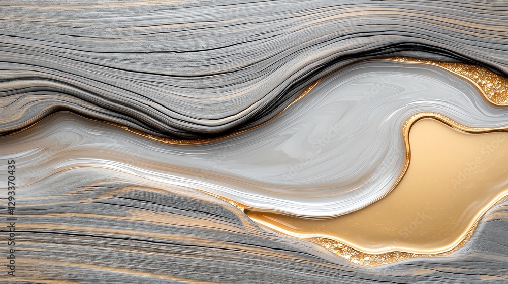 Poster abstract flowing pattern with gray and gold swirls, showcasing elegant curves and smooth textures.