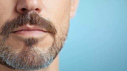 Fototapeta premium Close up of a man's mouth and beard against a blue background. Concept of male grooming, facial hair, and personal care.
