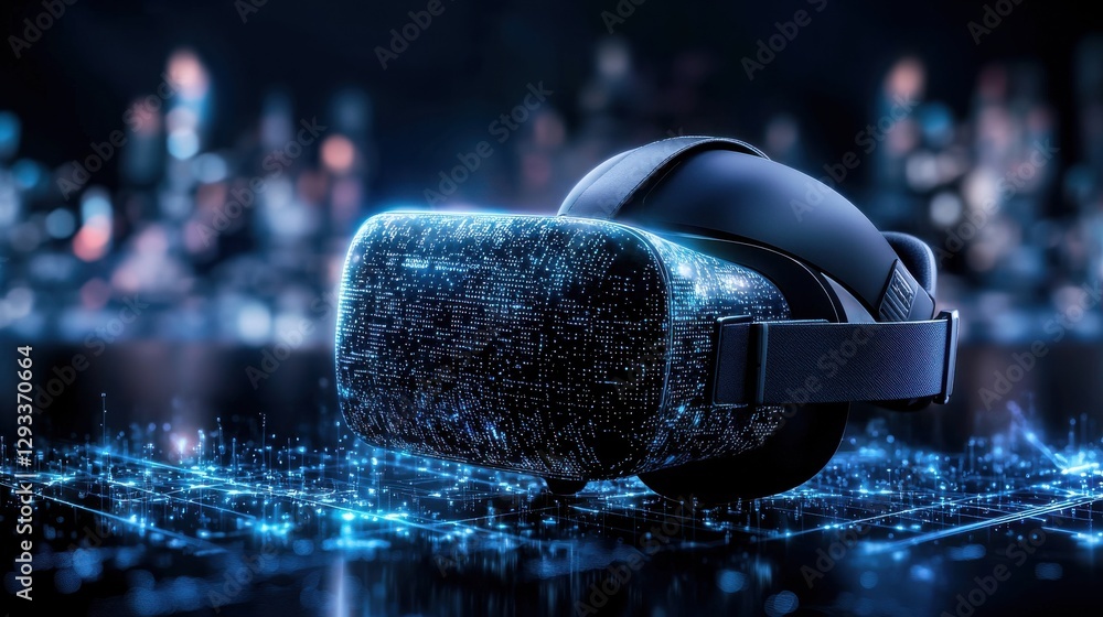 Poster immersive virtual reality headset with intricate digital patterns and abstract cyberpunk inspired la