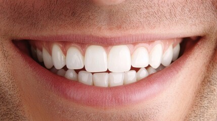 Obraz premium Close up of a man's smile showing healthy white teeth. Concept of dental care, oral hygiene, and cosmetic dentistry.