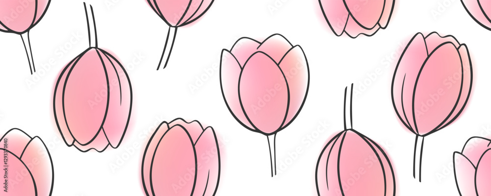 Aufkleber spring tulips seamless pattern. black line and pink blurred color. vector illustration.