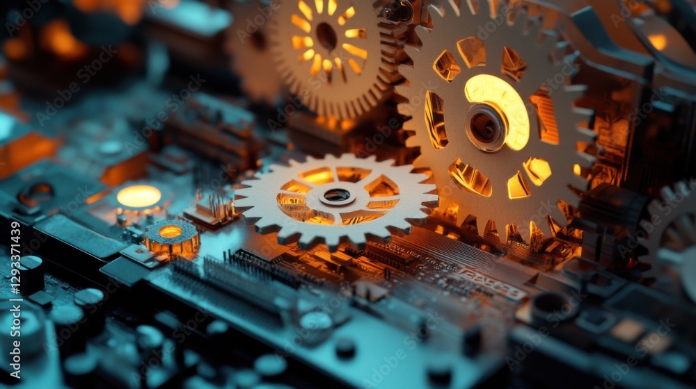 Poster intricate gears and circuits illuminated with warm light in a close-up exploration of technology