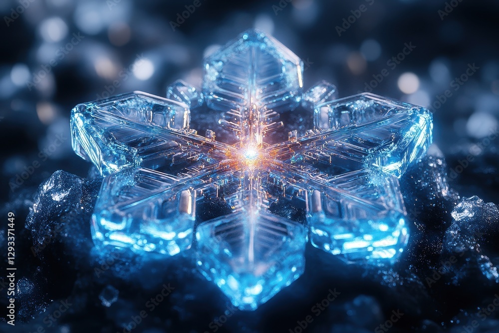 Poster snowflake with intricate patterns resting on dark surface with shimmering lights during winter