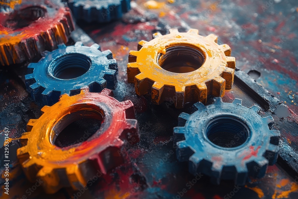 Poster colorful painted gears display with vibrant hues on a textured surface in a workshop setting