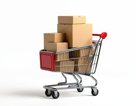 Shopping cart filled with cardboard boxes. Brown parcels in trolley online shopping, delivery. Retail business service concept with transportation, logistics, order processing, package shipment,