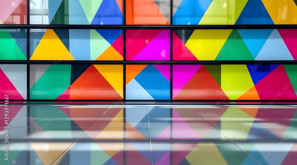 Poster a vibrant and colorful geometric wall featuring an array of triangles in bright shades, beautifully 