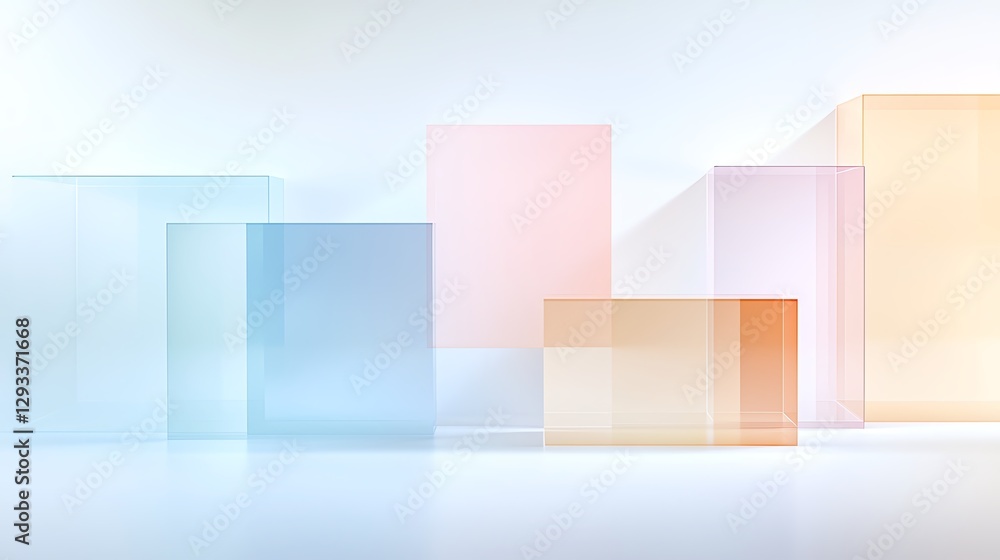 Poster abstract geometric shapes with pastel colors creating a calming, modern design with soft lighting.