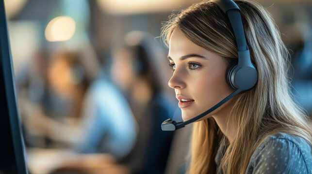 Customer support service, hotline call center helpdesk, online help. Technical specialist solve client problems via internet. Operator staff in headset work on computer, Line art vector illustration