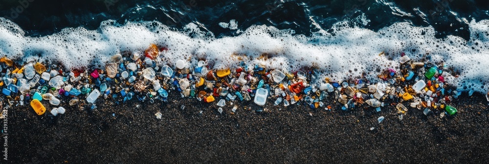 Poster close up view of plastic fragments washed ashore in ocean waves with potential for raising awareness