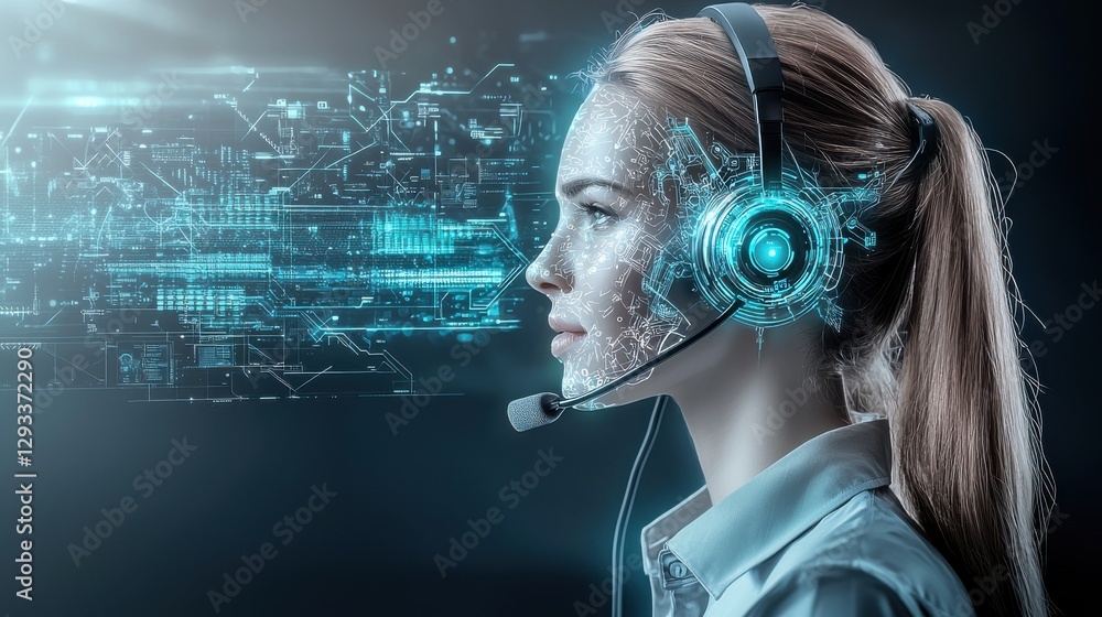 Poster futuristic female profile with cybernetic headset and digital data interfaces concept of technologic