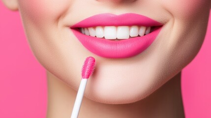 Naklejka premium Close up of a woman applying pink lipstick. Beauty concept.