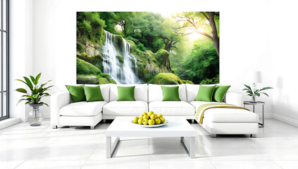 A modern living room with a minimalist style, The mural displays a blend of floral and architectural elements ,vibrant mural of lush green forest and waterfall, contemporary style