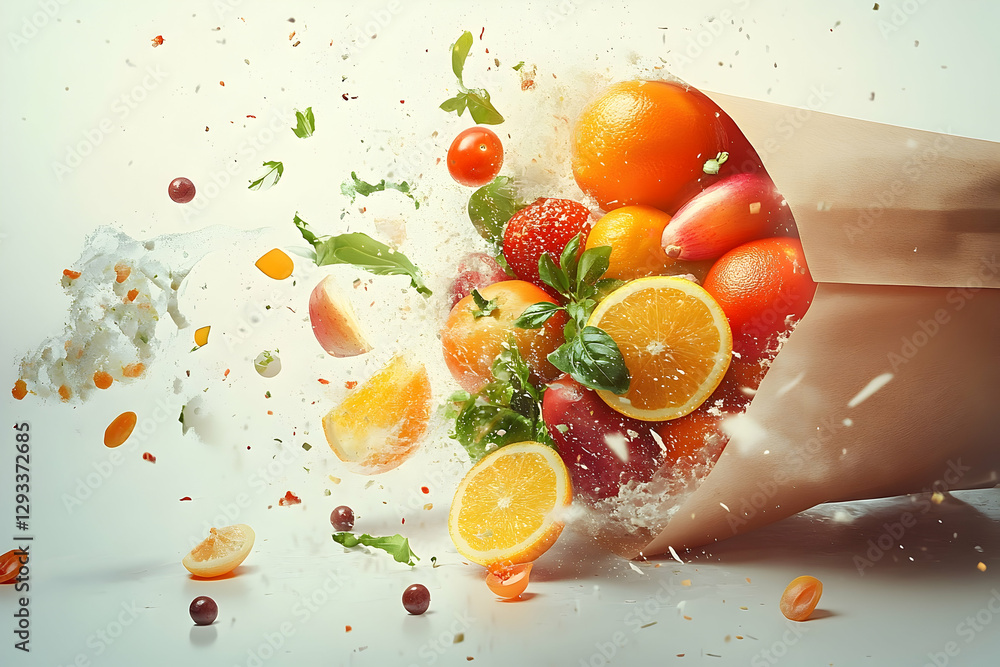 Poster vibrant explosion of fresh fruits spilling from a paper bag creating a dynamic and colorful scene