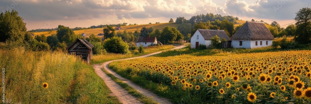 Poster sunflower field along a rural path with traditional houses in the background during golden hour. gen