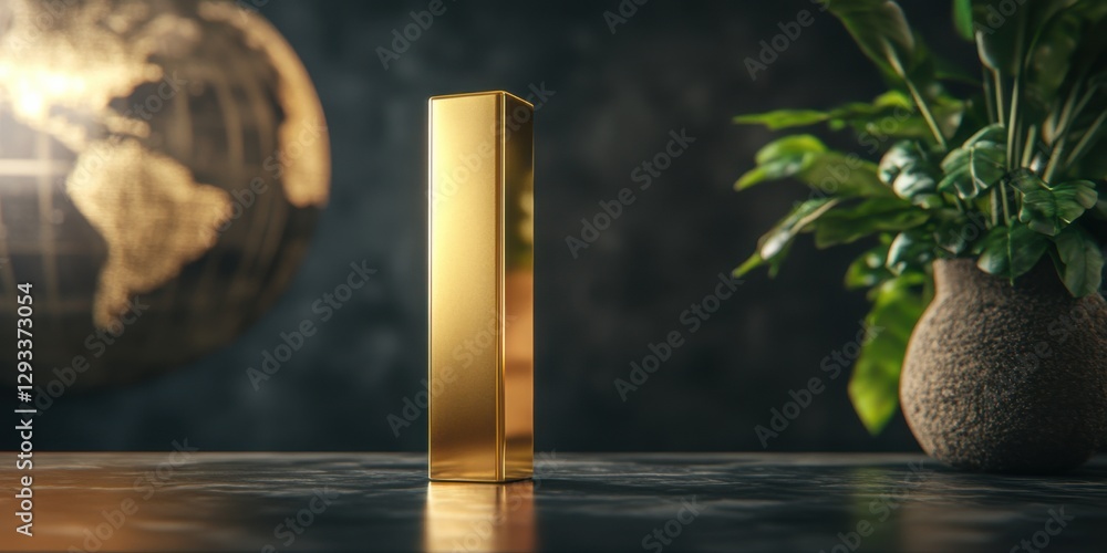 Poster shiny gold rectangular object on a table beside a globe and a potted plant