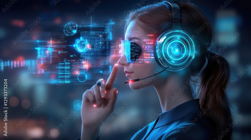 Aufkleber futuristic woman wearing a virtual reality headset while interacting with holographic data visualiza