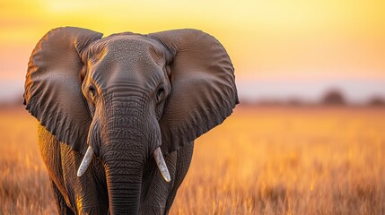 Close up of an elephant in a field at sunset. Wildlife photography of an African elephant in its natural habitat.