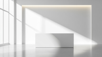 3d white stand booth for presentation event mockup. Vector promotional blank wall in room display for exhibition with table or podium. Empty expo business cube corner kiosk retail background set.
