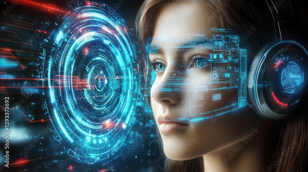 Aufkleber futuristic cyborg woman with glowing face and holographic display interface exploring advanced digit