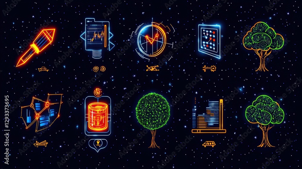 Poster a collection of futuristic infographic elements and data visualization symbols with glowing neon des