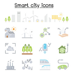Smart city, Sustainable town, Eco friendly city icon set in thin line style