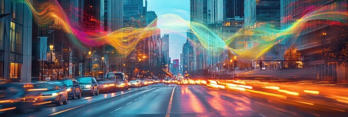 Urban road bustling with traffic visualized with abstract sound waves in vibrant colors. Generative AI