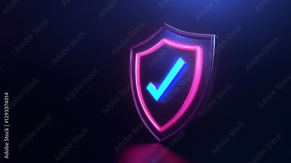 Poster digital shield with checkmark glowing in neon colors against a dark background emphasizes protection