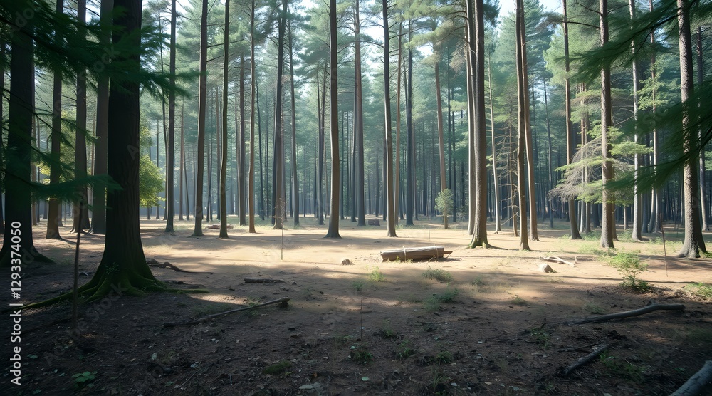 Poster a serene forest landscape featuring tall pine trees and soft sunlight filtering through the branches