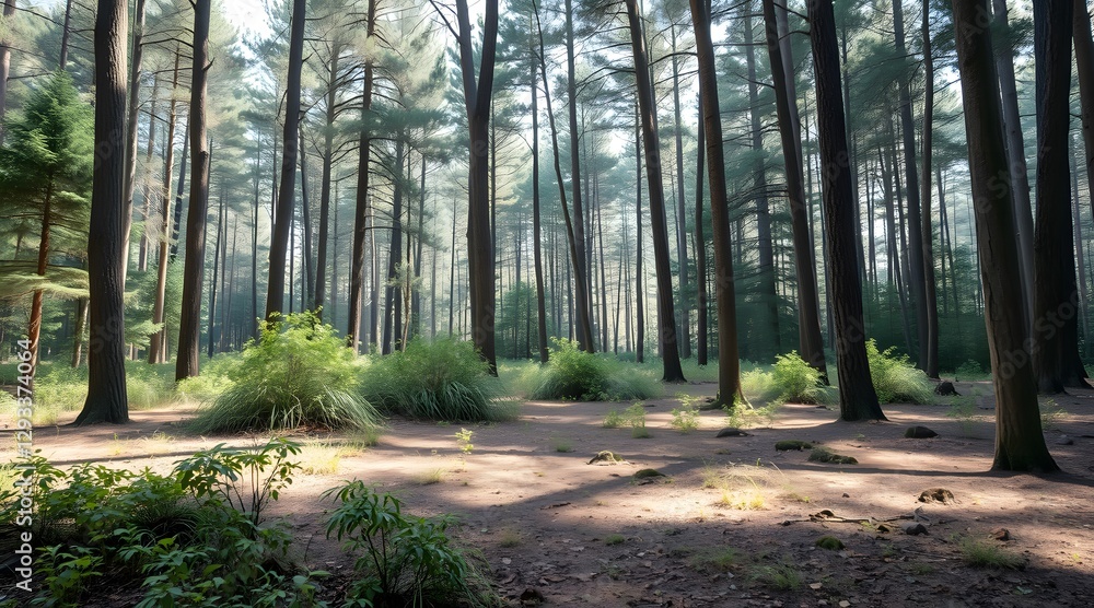 Poster a serene forest scene featuring tall trees and dappled sunlight, creating a peaceful atmosphere perf