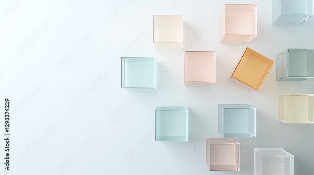 Poster abstract pastel colored cubic shapes arranged on light background design pattern minimalist.