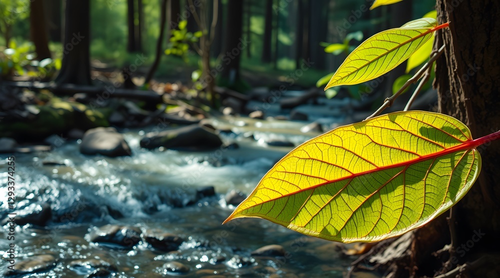 Poster a serene forest scene featuring vibrant green leaves in the foreground with a gently flowing stream,