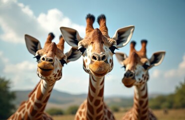 Obraz premium Three giraffes look at the camera. Wild mammals with long necks in natural habitat. Safari animals posing in wild nature. Brown spots, cute faces. African wildlife, outdoor zoology scene.