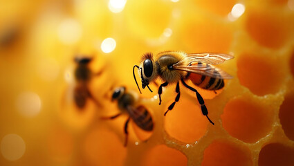 Bees are actively collecting nectar from the honeycomb within their hive while showing intricate details of their bodies and wings. The honeycomb radiates a golden hue that represents abundance