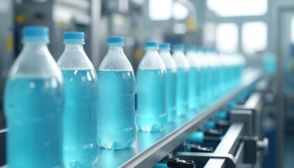Line of blue beverages bottles move on conveyer in clean light factory. Plastic bottles filled with purified water move along automated bottling assembly industrial production line. Manufacturing