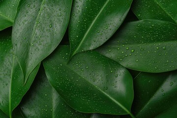 Obraz premium Lush green leaves adorned with glistening droplets create tranqu