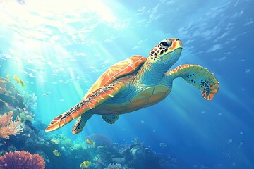 Obraz premium Sea Turtle Swimming in Vibrant Coral Reef Underwater